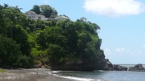 Uma propriedade à beira-mar com uma casa grande em um penhasco, cercada por vegetação densa.