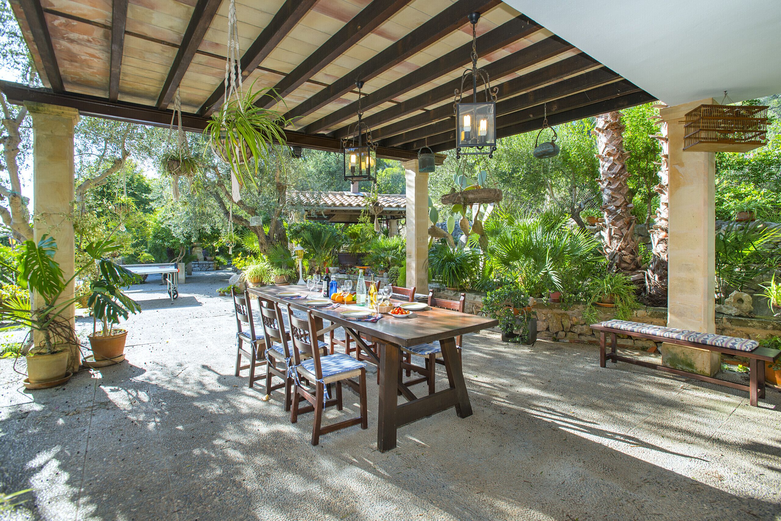 An outdoor patio with a wooden table and chairs, surrounded by potted plants and a stone wall.