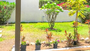 Un espace extérieur abrité, doté d’un sol en pierre, de plantes en pot et offrant une vue sur un jardin agrémenté de divers arbustes et fleurs.