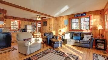 TV, fireplace, books, video library