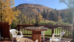 A deck with a round table and four white plastic chairs, overlooking a forested hillside. - Log Cabin Near Hunter Mountain (Hunter)