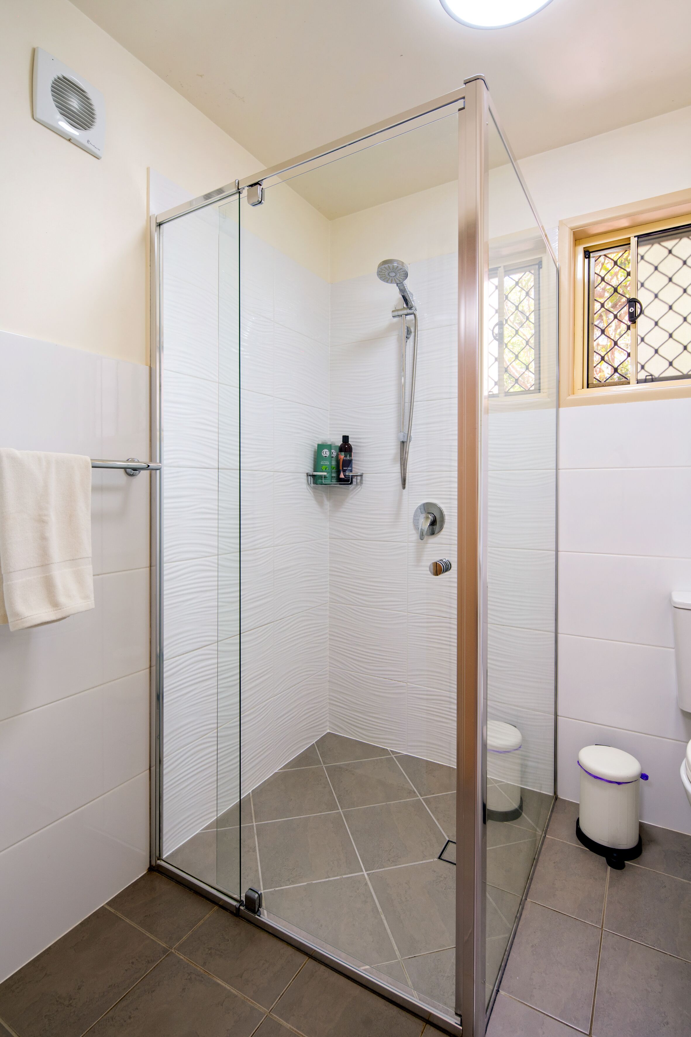 A glass-enclosed shower with a handheld showerhead, a toilet, and a trash bin.