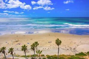 Una playa con cielos despejados, mar tranquilo y palmeras.