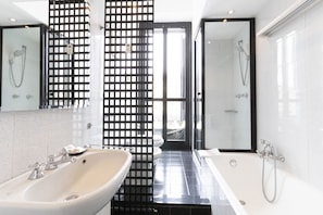 Combined shower/tub, hair dryer, towels