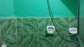 Shower, free toiletries, towels, soap
