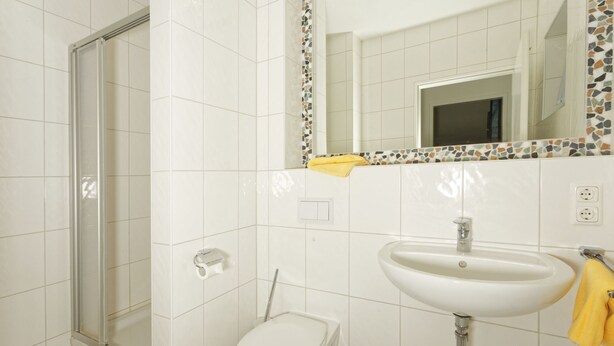 A bathroom with a shower, toilet, sink, and a mirror with a mosaic border. - Renovated vacation apartment Mare - Holiday apartment Mare in Zinnowitz (Zinnowitz)