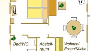 A floor plan of a hotel room with a bathroom, kitchenette, and a dining area. - Renovated vacation apartment Mare - Holiday apartment Mare in Zinnowitz (Zinnowitz)