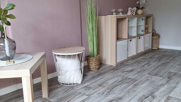 A room with a wooden floor, a round table with a vase, a white chair, a tall plant, and a wooden cabinet with glass doors. - Apartment on Staufenberg (Blankenburg (Harz))