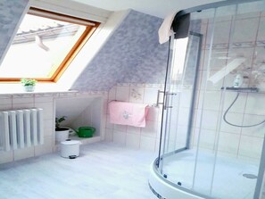 Dusche, Haartrockner, Handtücher, Seife