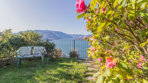 A bench in a garden with a view of mountains and a body of water. - Palma Romantic Dream (Perledo)
