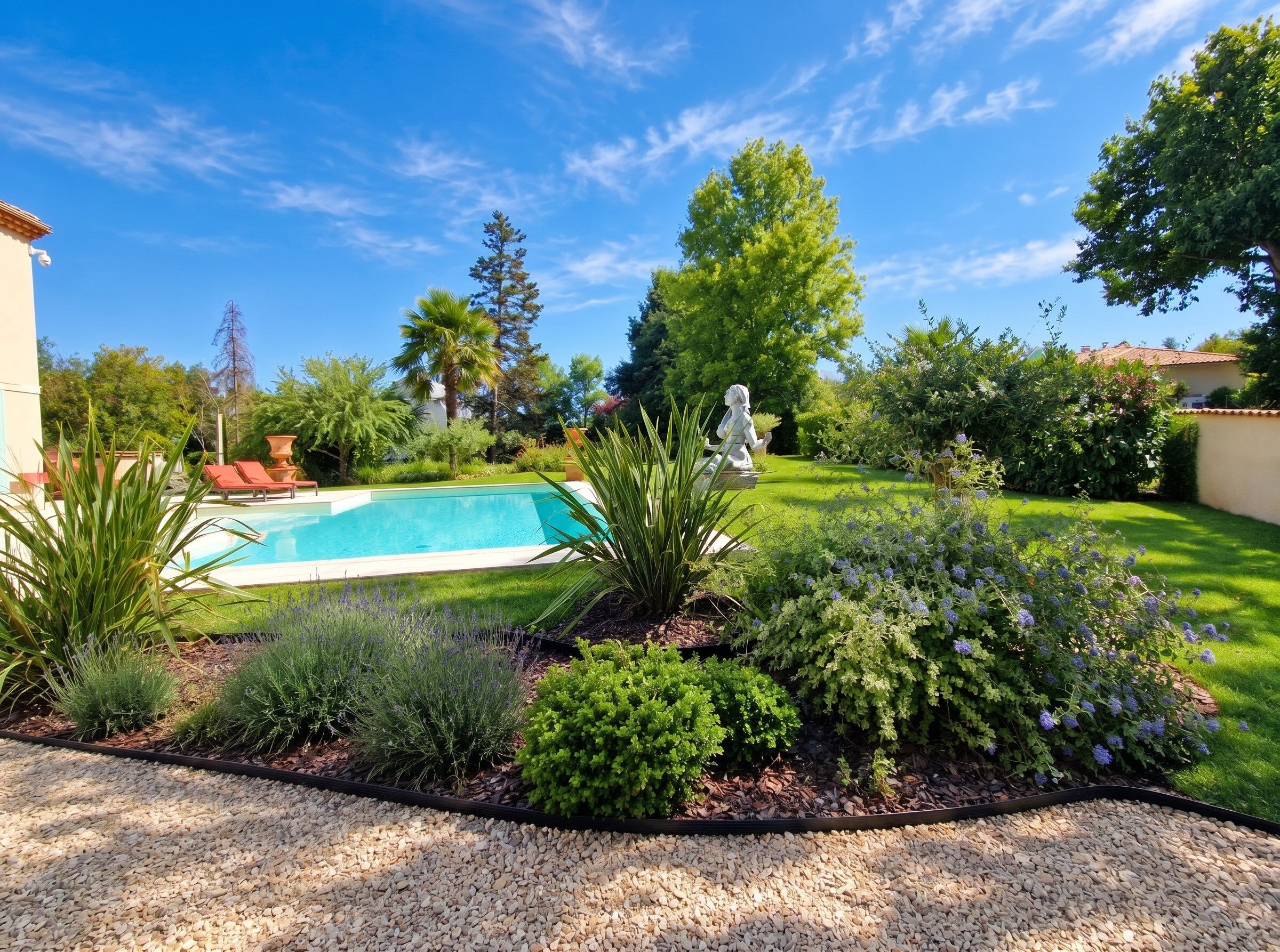 Un patio trasero con piscina, una estatua y varias plantas.