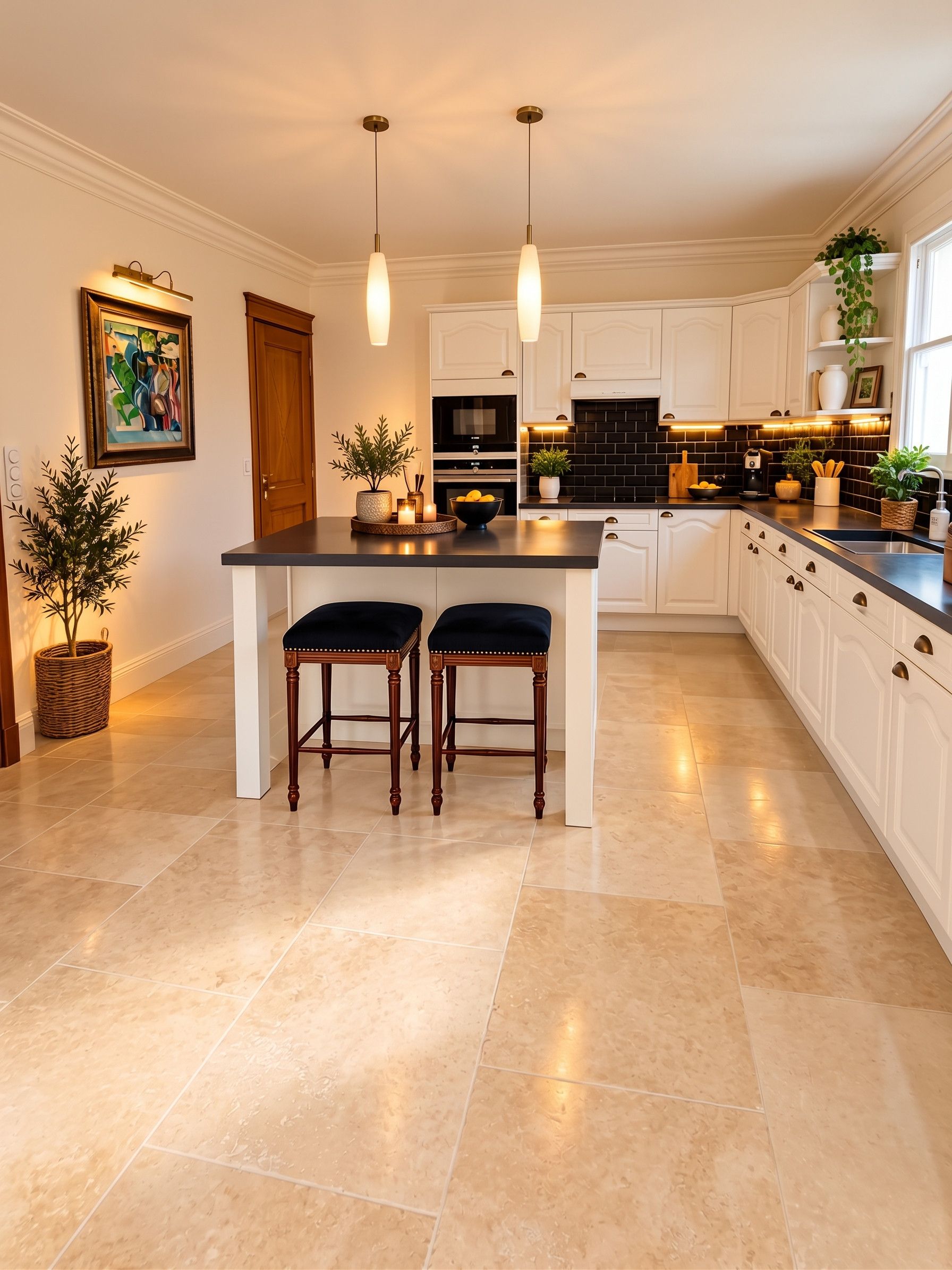 A kitchen with a central island, two bar stools, pendant lighting, and a large painting on the wall.