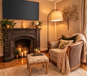 A cozy living room with a fireplace, a comfortable armchair, a side table with candles, and a floor lamp.