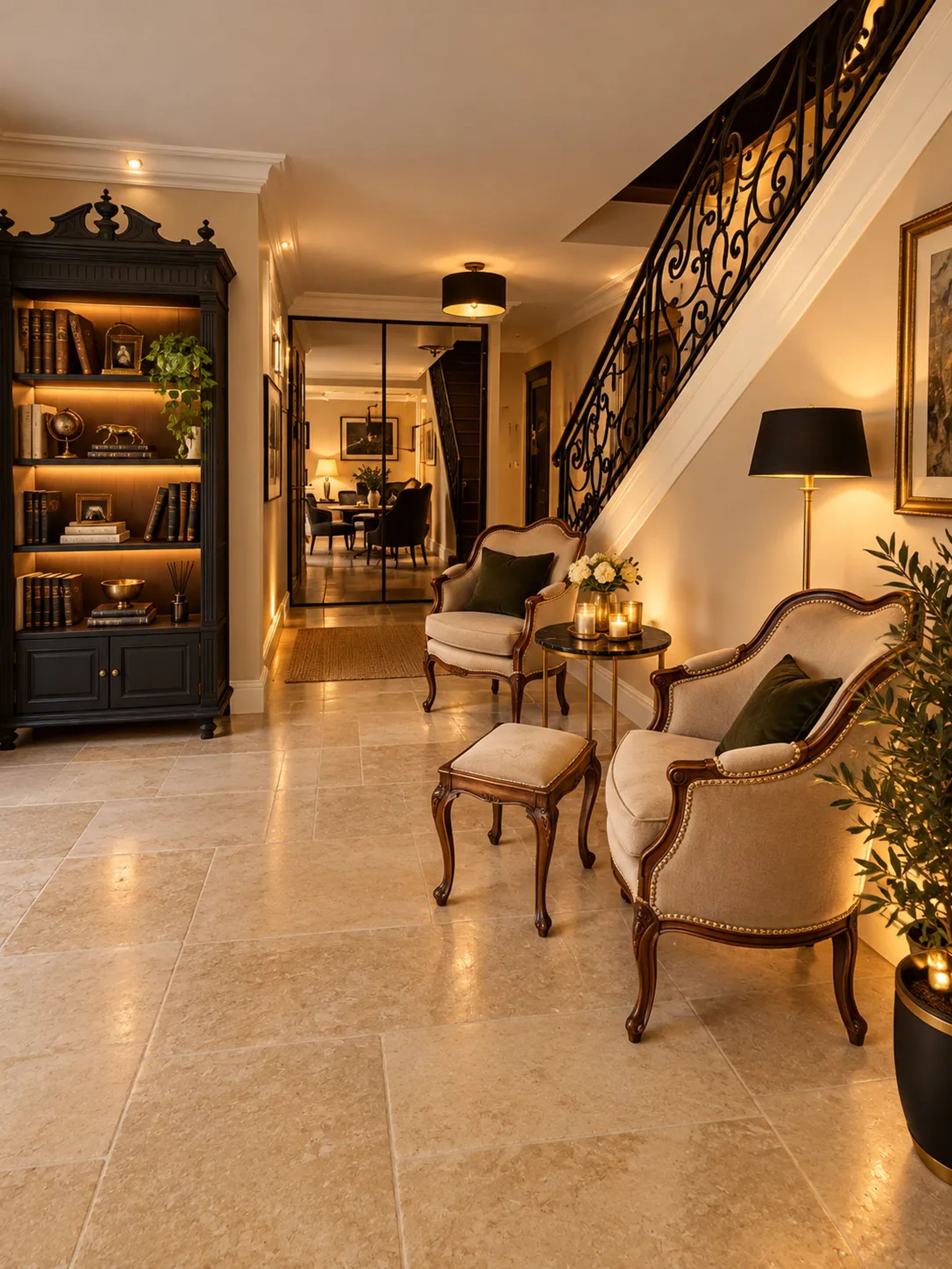 A well-lit foyer with a staircase, a bookshelf, two armchairs, and a small table with candles.