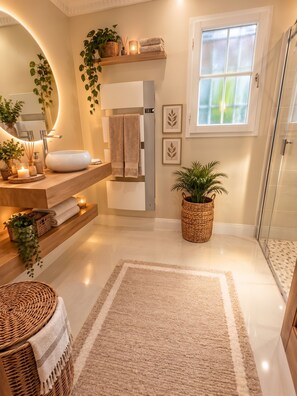 Une salle de bain moderne avec un grand miroir, un lavabo, une douche et une plante en pot.