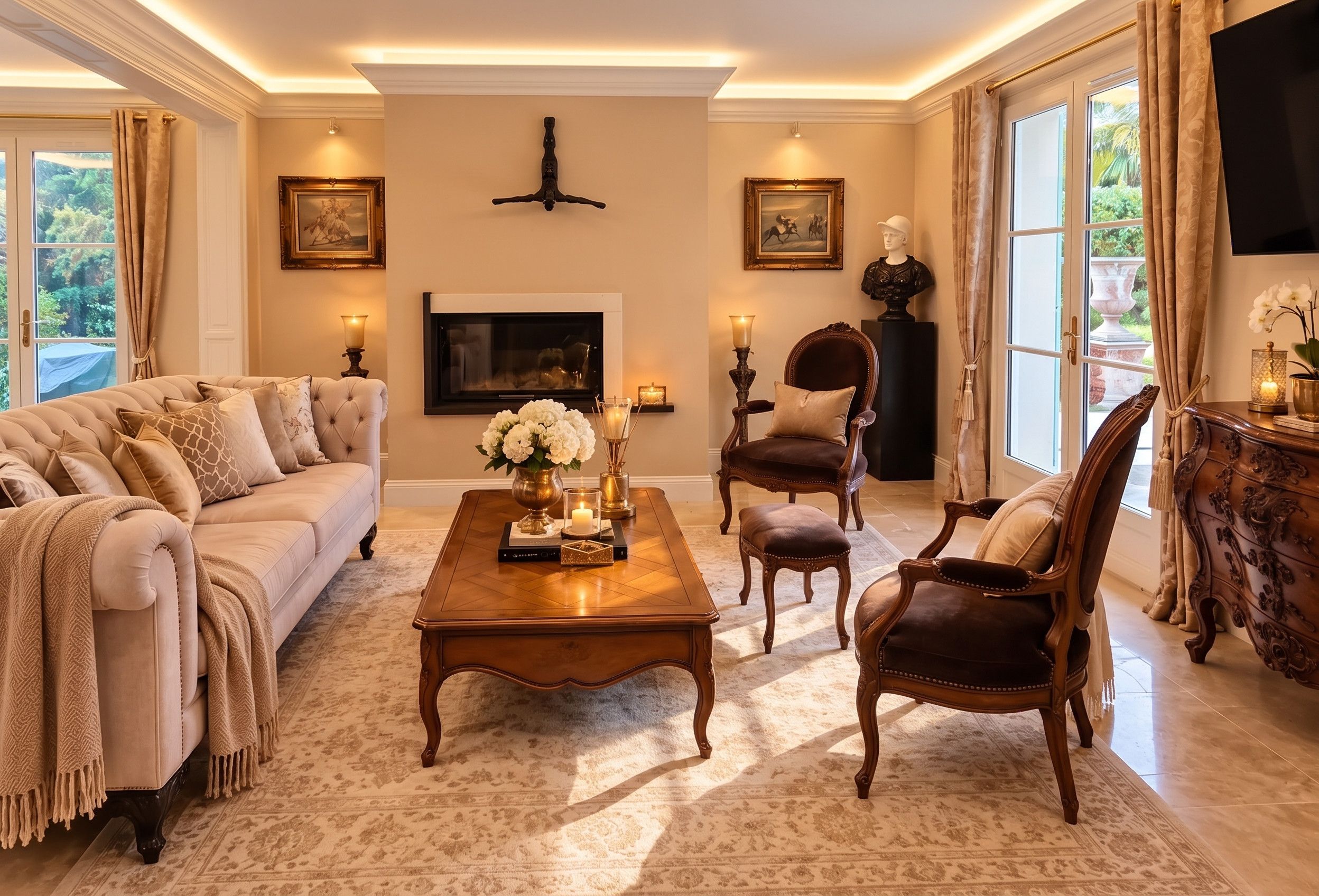 A well-appointed living room with a sofa, armchairs, a coffee table, and a fireplace.