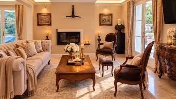 Uma sala de estar bem equipada com sofá, poltronas, mesa de centro e lareira.