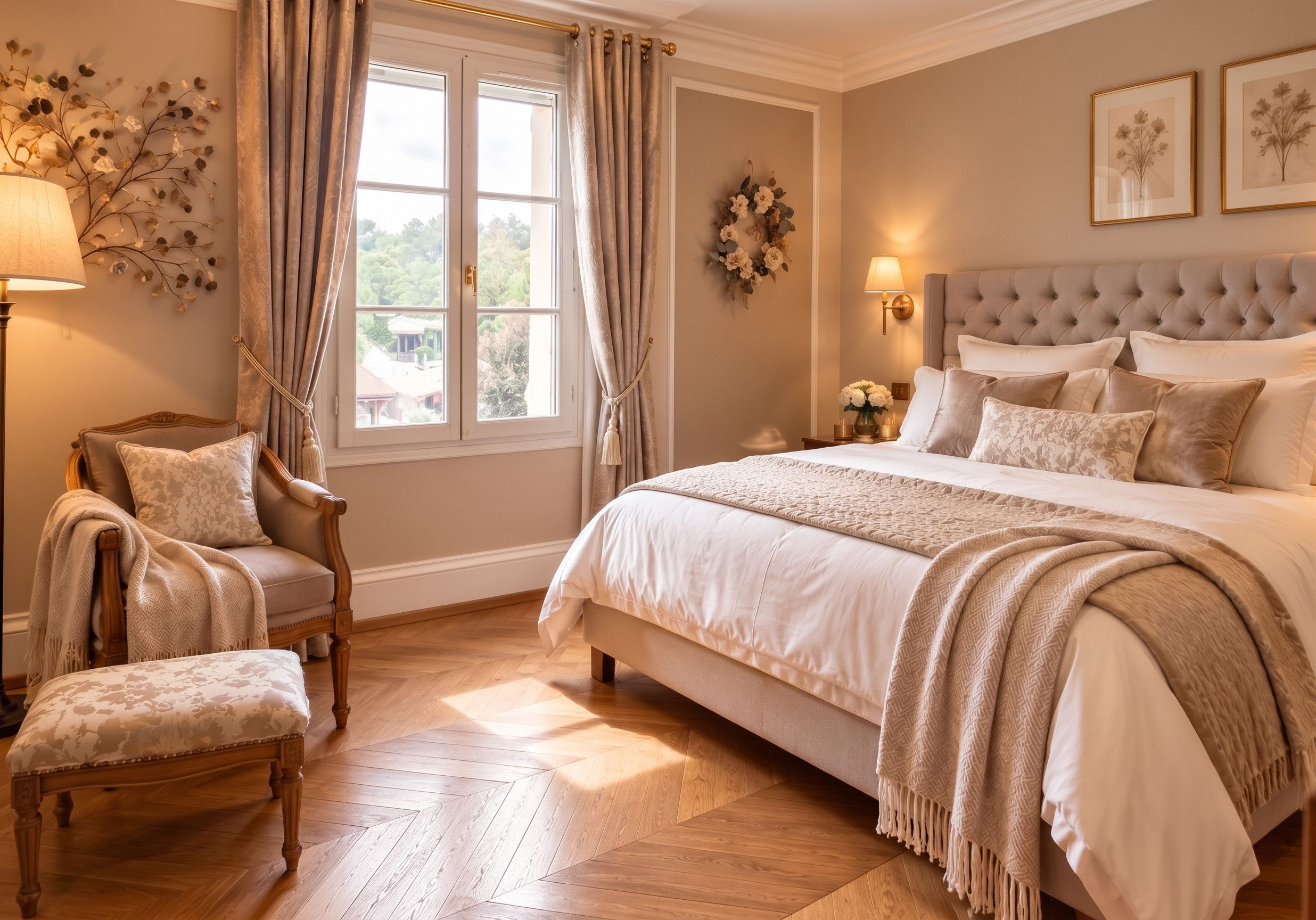 A bedroom with a large bed, a chair, a desk, and a window with curtains.