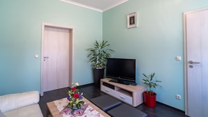 Ein Wohnzimmer mit einer Couch, einem Fernseher auf einem Holzboden, einem roten Topfpflanzen und einer Tür.