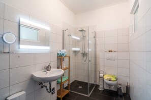 Chuveiro, secador de cabelo, toalhas de banho 