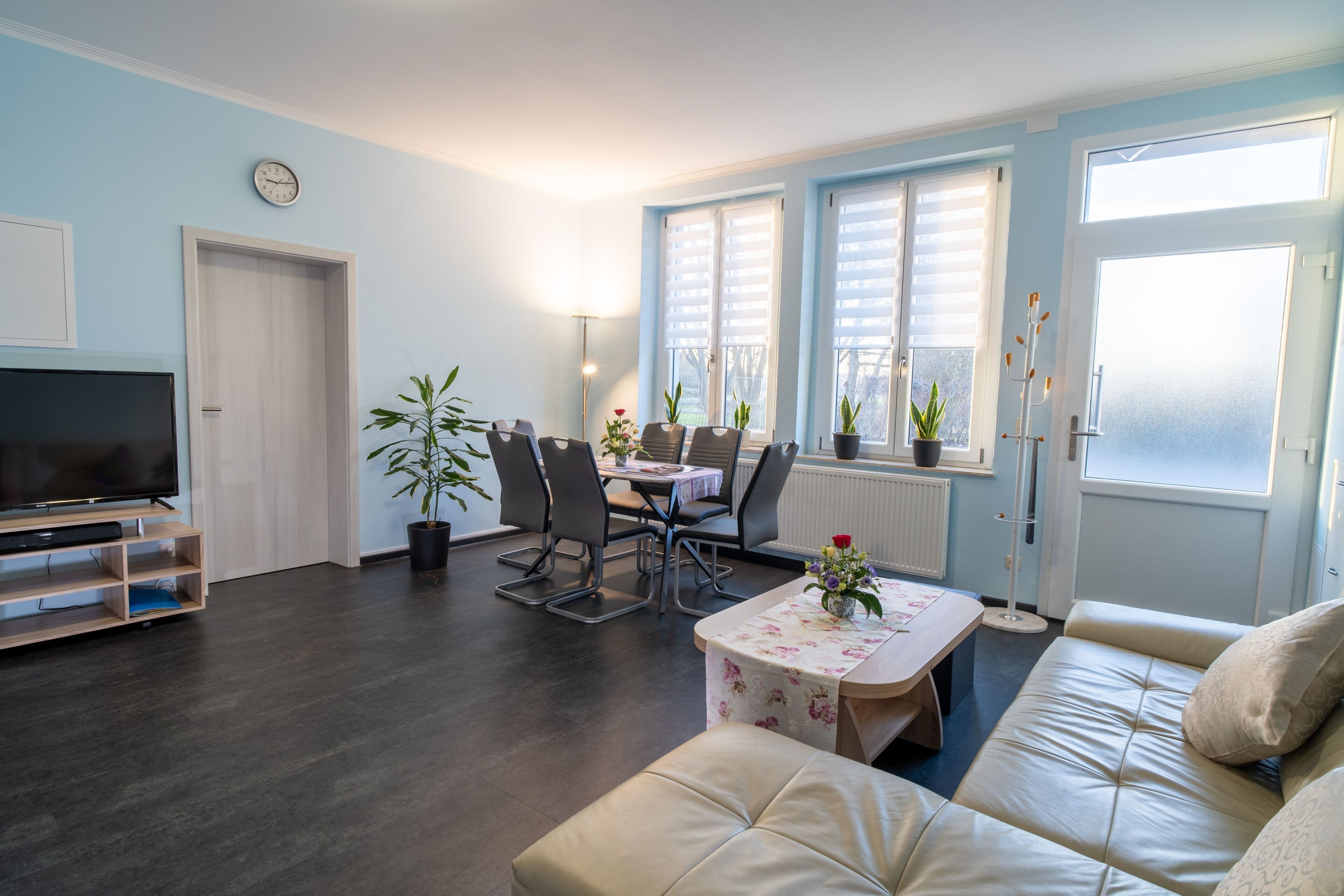 Ein Wohnzimmer mit Fernseher, Sofa, Esstisch, Stühlen und Blumentöpfen.