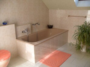 Hair dryer, towels, soap, toilet paper