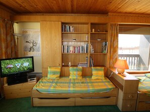 A cozy wooden room with a bed, a television, a bookshelf, and a window with curtains.