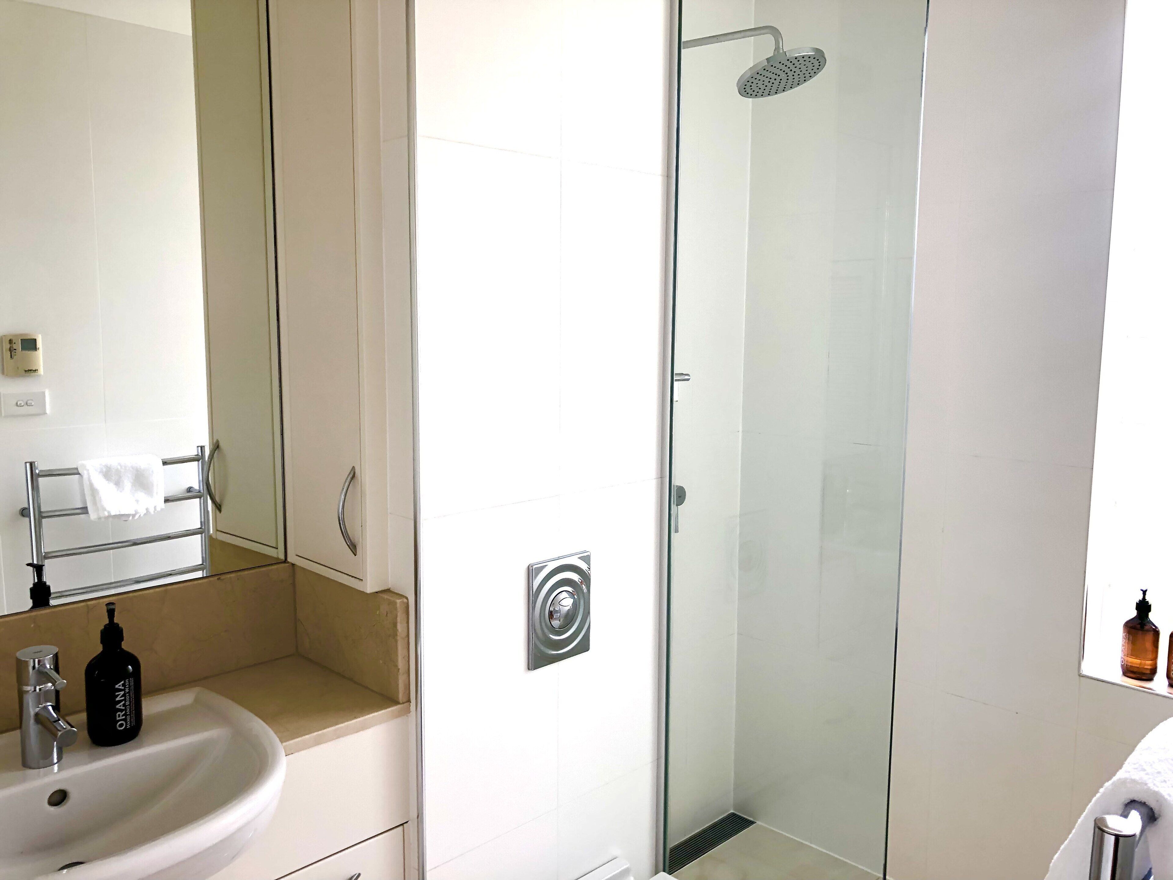 Shower, hair dryer, towels, soap