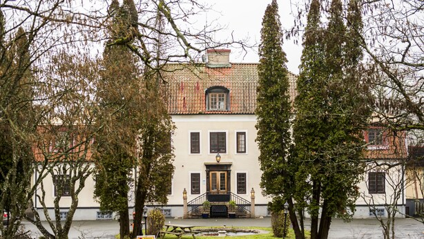 A building with a central entrance, a staircase, and a small garden area. - Tokeryds Herrgård (Jonkoping)