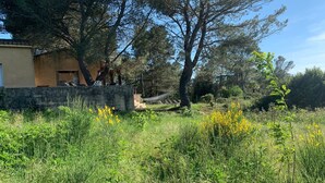 A rustic outdoor area with a stone wall, a hammock, and yellow wildflowers. - Villa with panoramic view and huge pool (Saint-Siffret)