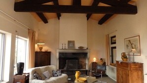 A living room with a fireplace, a sofa, a coffee table, and a wooden cabinet. - Villa with panoramic view and huge pool (Saint-Siffret)