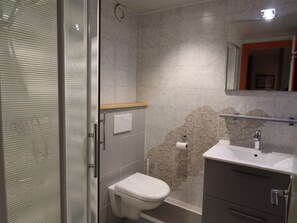 A bathroom with a glass shower enclosure, a toilet, a sink, and a mirror.