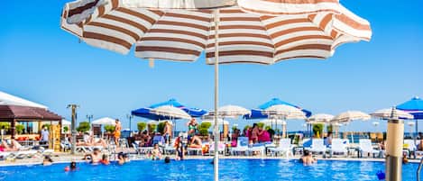 Outdoor pool, pool umbrellas, pool loungers