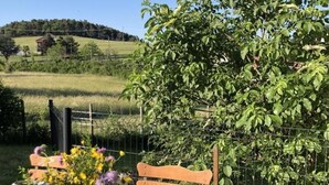 A wooden bench with a flower arrangement in front of a wire fence.