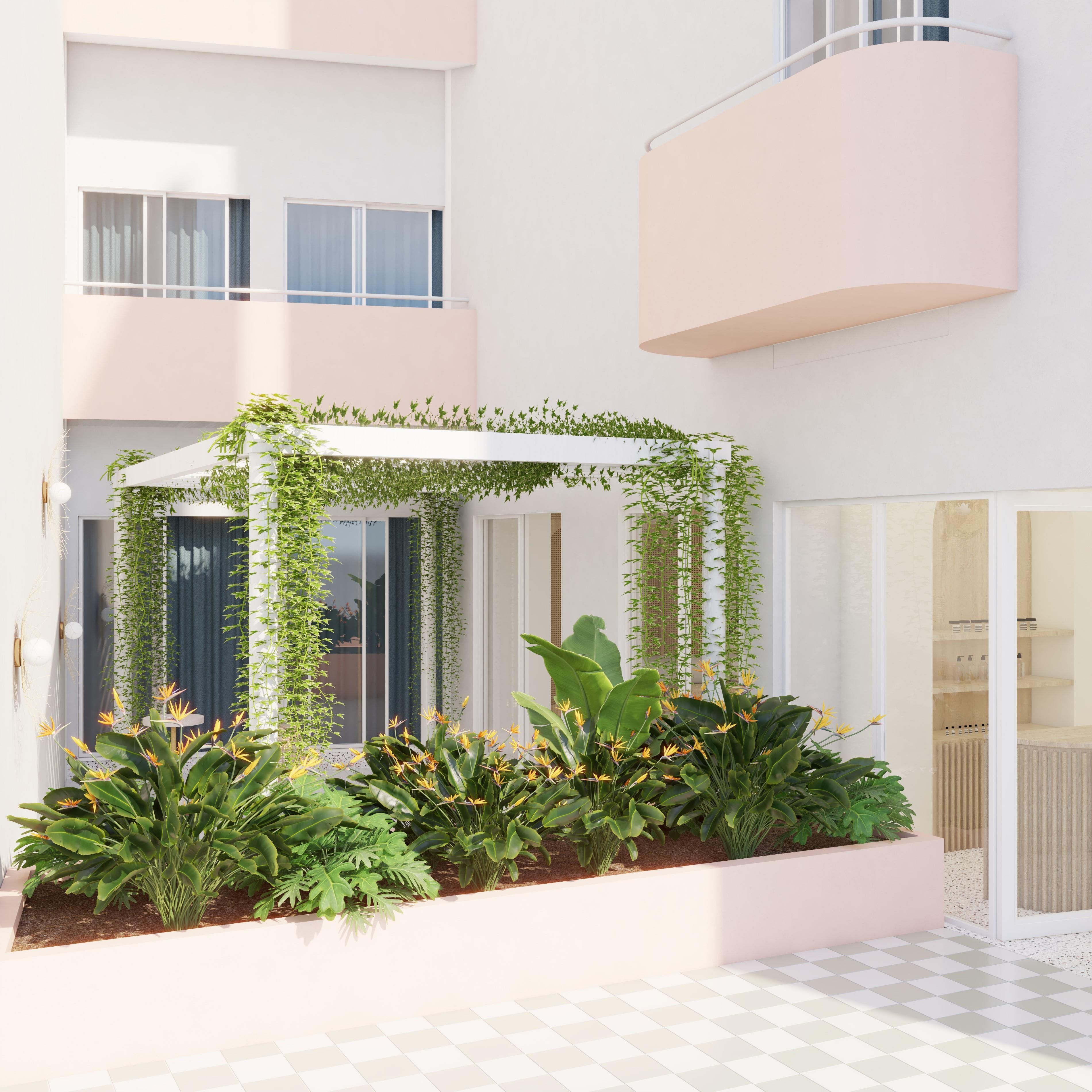 A modern building with a balcony, a covered outdoor seating area with plants, and a checkered floor.
