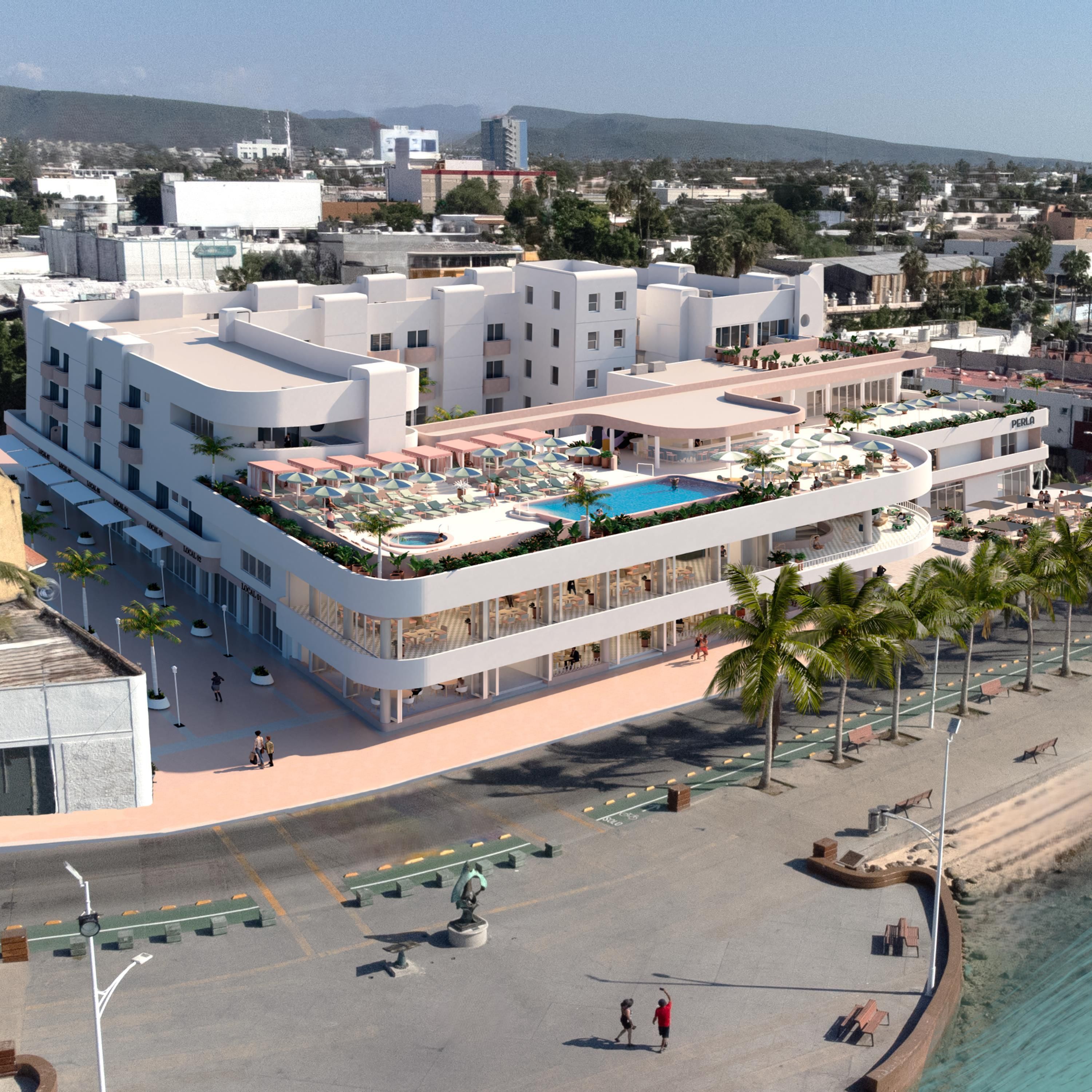 A multi-story hotel with a rooftop pool, outdoor seating, and a beachside location.