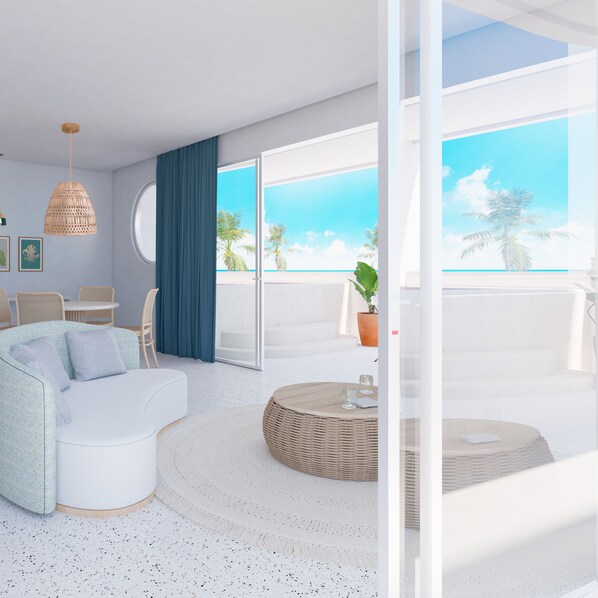 高级套房 | 起居区 | 55-英寸纯平电视 （配备有线频道）、电视