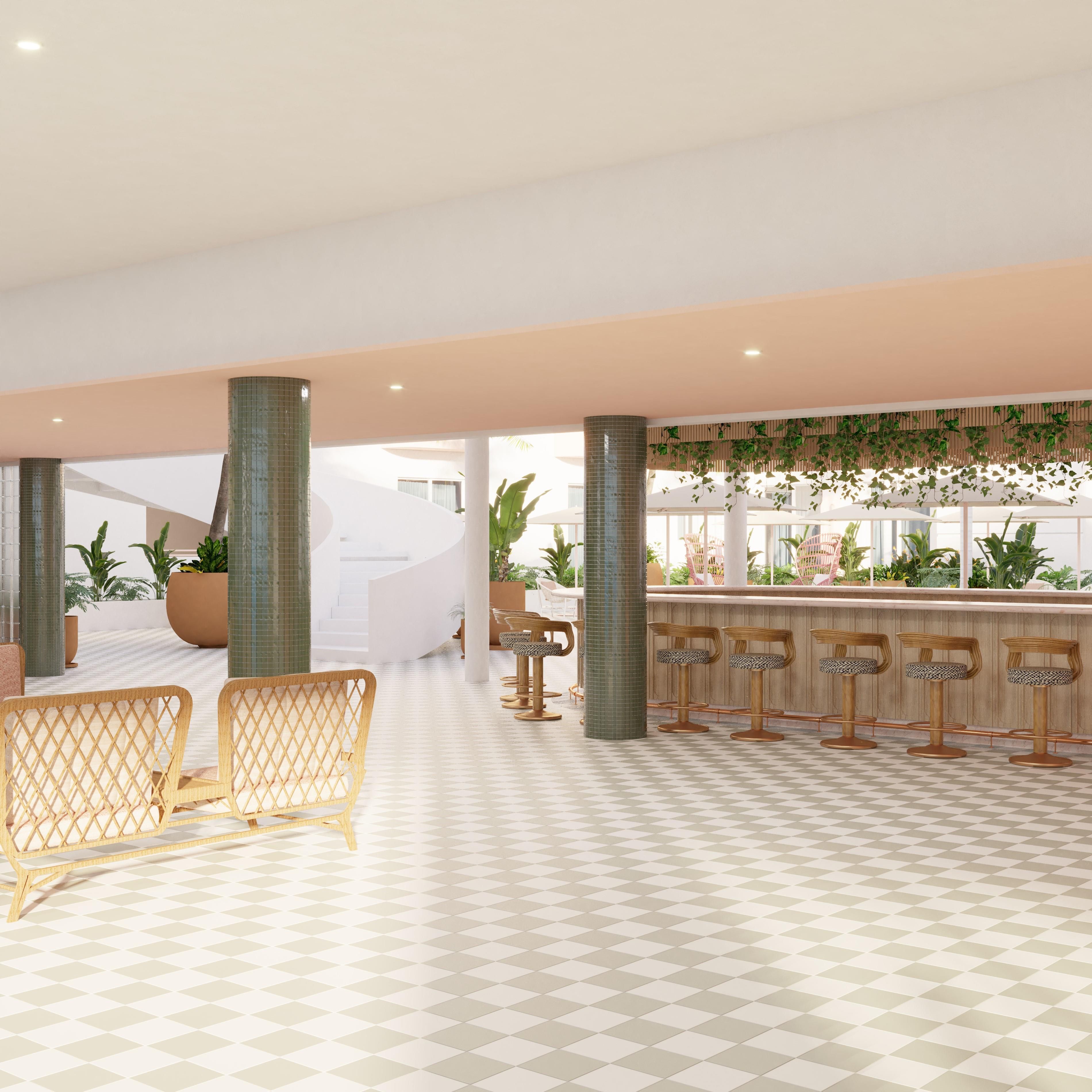 A modern interior with a checkered floor, bar area with stools, and a seating area with wicker furniture.