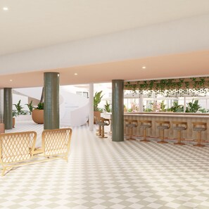 Un interior moderno con suelo a cuadros, zona de bar con taburetes y un espacio de estar con mobiliario de mimbre.