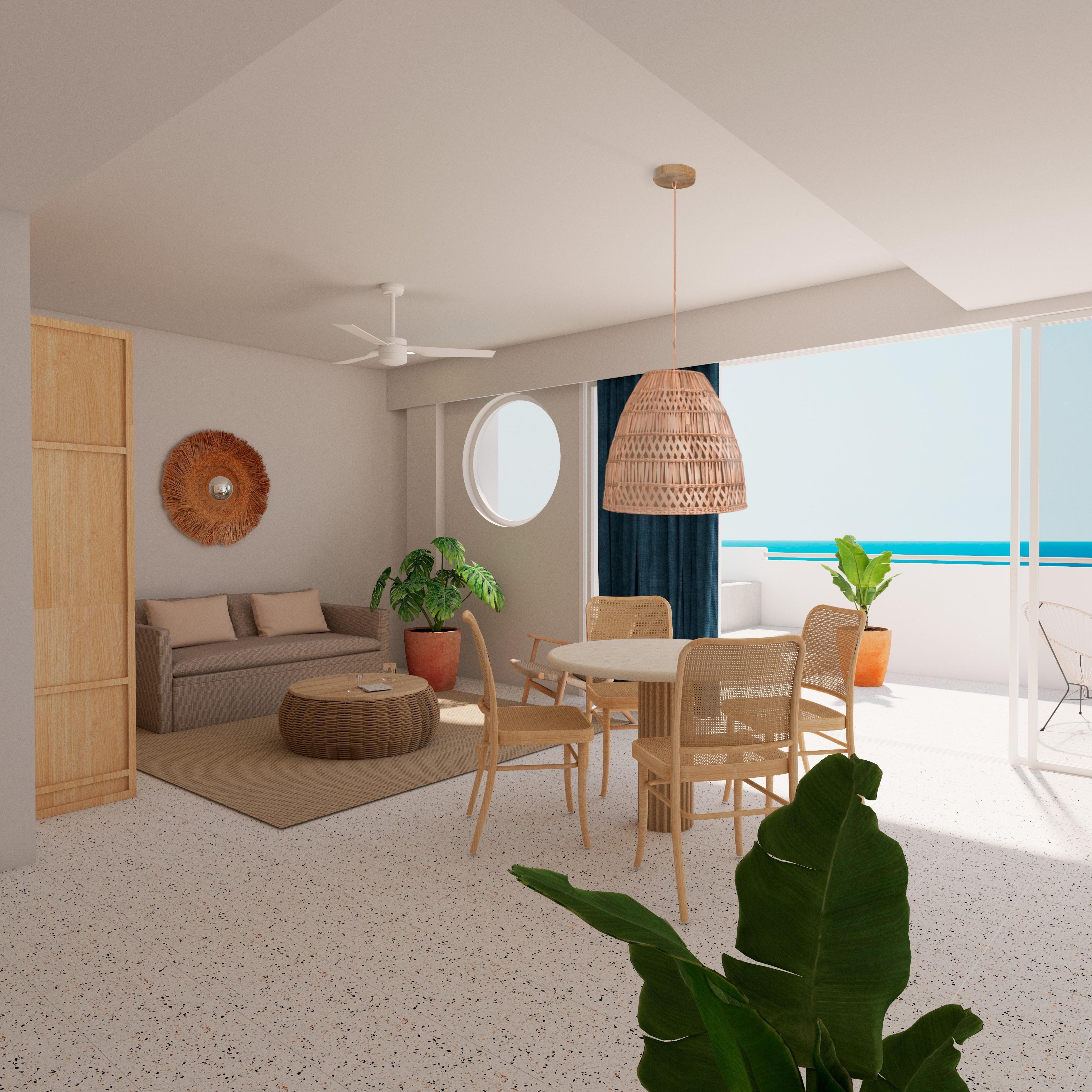 A modern interior with a sofa, dining table, chairs, a ceiling fan, a hanging light fixture, and a view of the ocean.