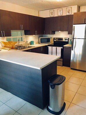 Fridge, microwave, oven, stovetop