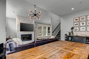 TV, fireplace, DVD player, books