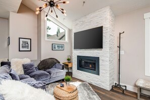 TV, fireplace, DVD player, books