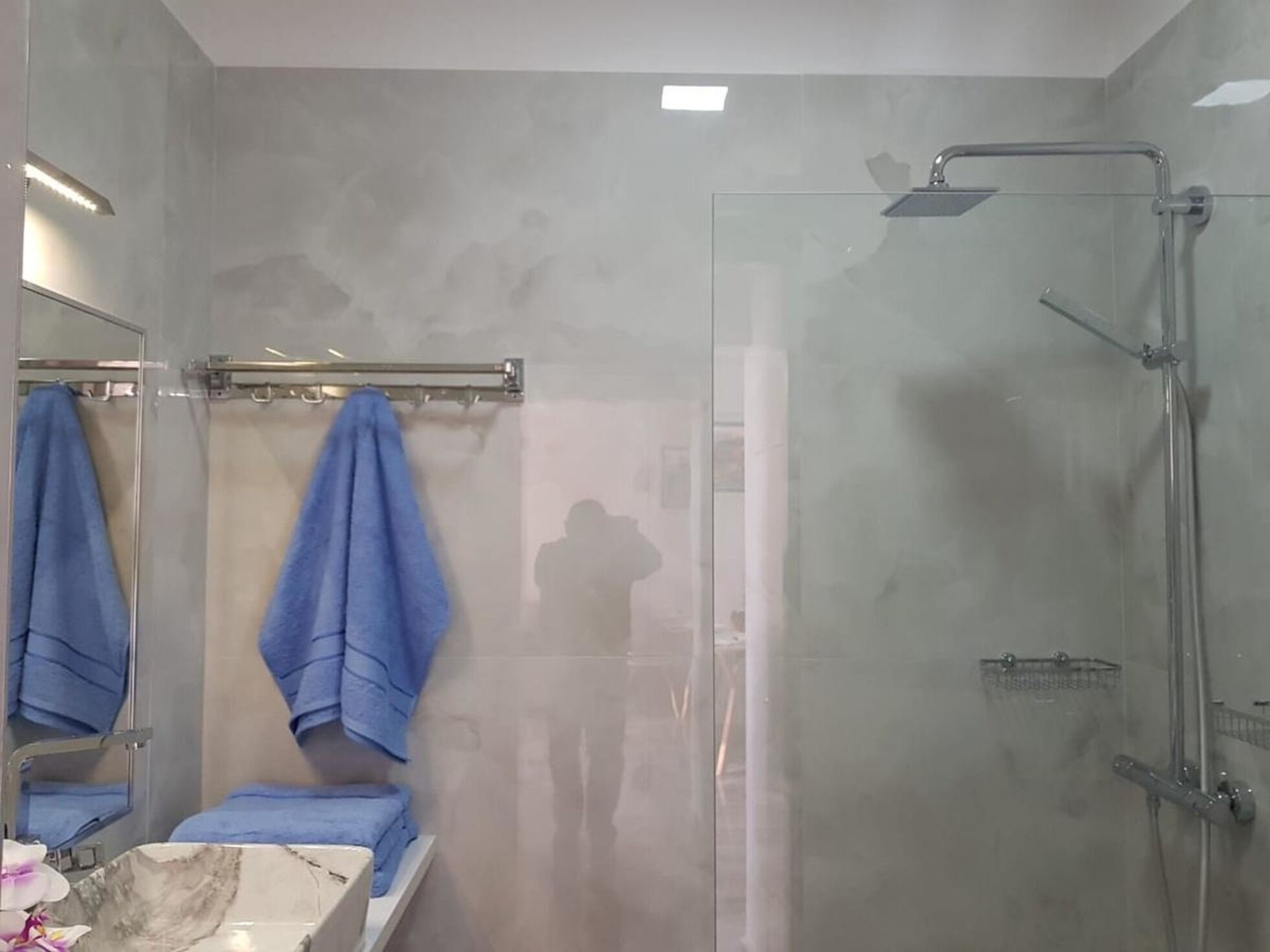 Shower, hair dryer, bidet, towels
