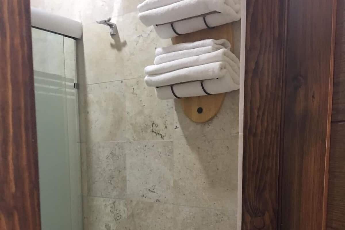 Shower, rainfall showerhead, hair dryer, towels