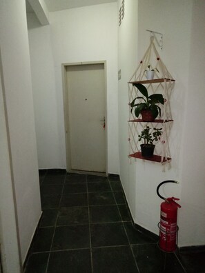 A hallway with a tiled floor, a white door at the end, and a wall-mounted shelf with potted plants. - Guarujá- suite with minibar, ceiling fan at 1, 7 km from Asturias beach (Guarujá)
