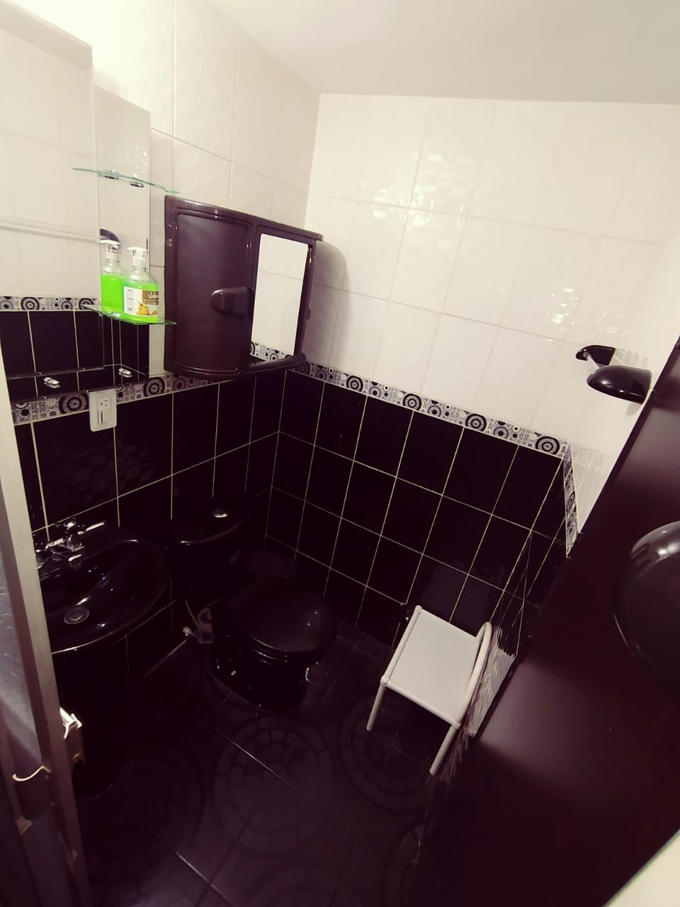Un baño con inodoro, lavamanos y espejo.