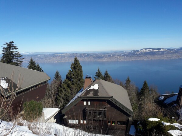 A cabin with a sloped roof, wooden exterior, and a view of a lake and distant mountains.