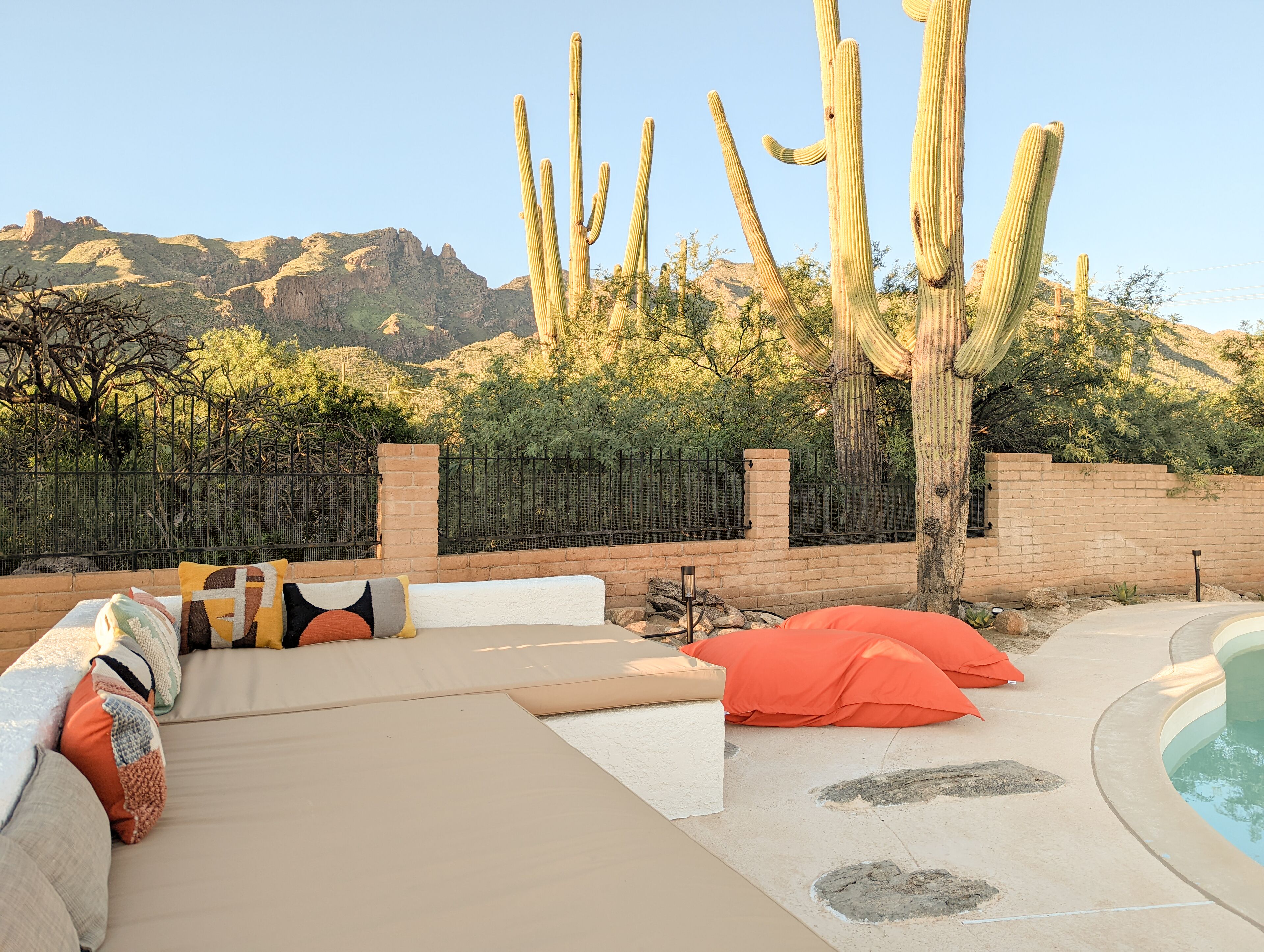 Zona de piscina con sofá y cojines, pared de ladrillo y cactus al fondo.