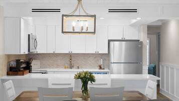Fridge, microwave, coffee/tea maker, cookware/dishes/utensils